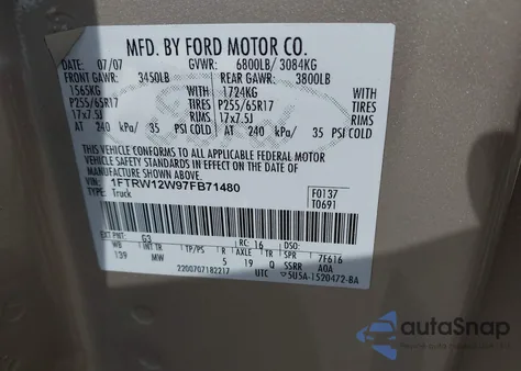 2007 Ford F-150 Xlt z USA, uszkodzony, nr VIN 1FTRW12W97FB71480